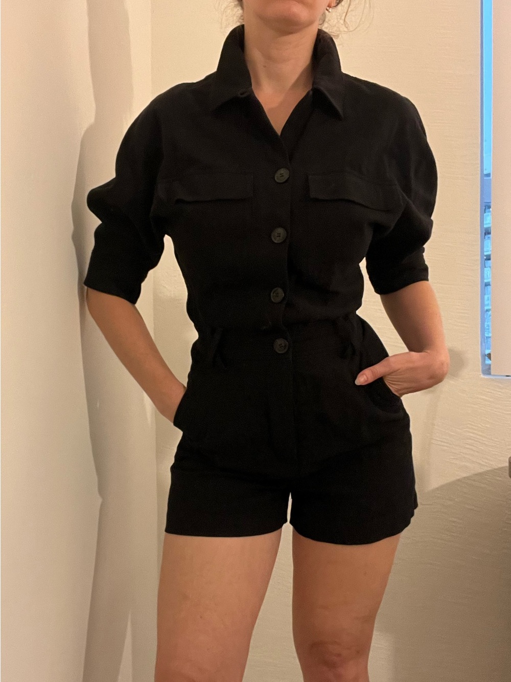 & Other Stories Black Short-Sleeve Button Romper